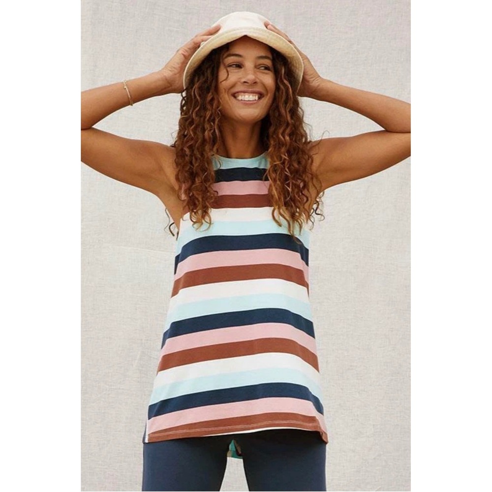 Matilda Jane Striped Tank Top Womens Small Pink Blue Tie Back Lace Trim